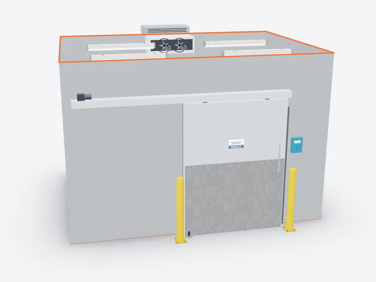 3D model of a walk-in cooler with an automatic sliding door: gearmotor on the track, wall control box, kickplate and yellow bollards