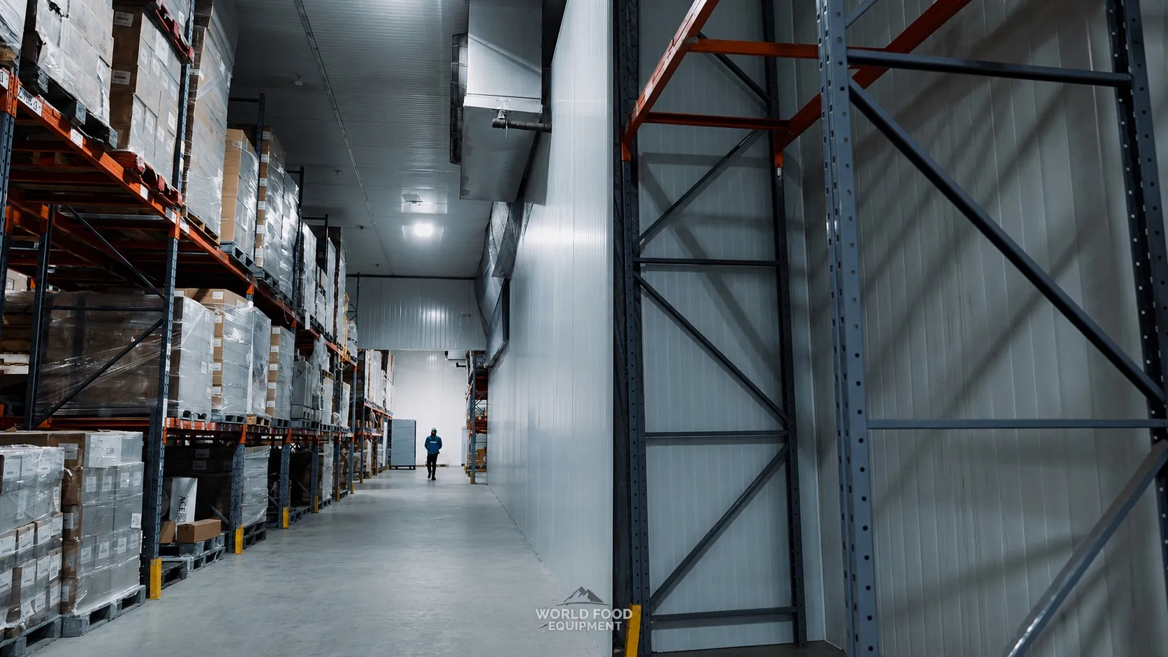 Wide commercial cold storage corridor with industrial pallet racking on the left loaded with stacked cardboard product cases, finished white insulated cold-storage panels on the right, polished concrete floor, a single WFE worker walking down the corridor in the mid-distance toward a bright back wall, Ontario commercial walk-in installation by World Food Equipment