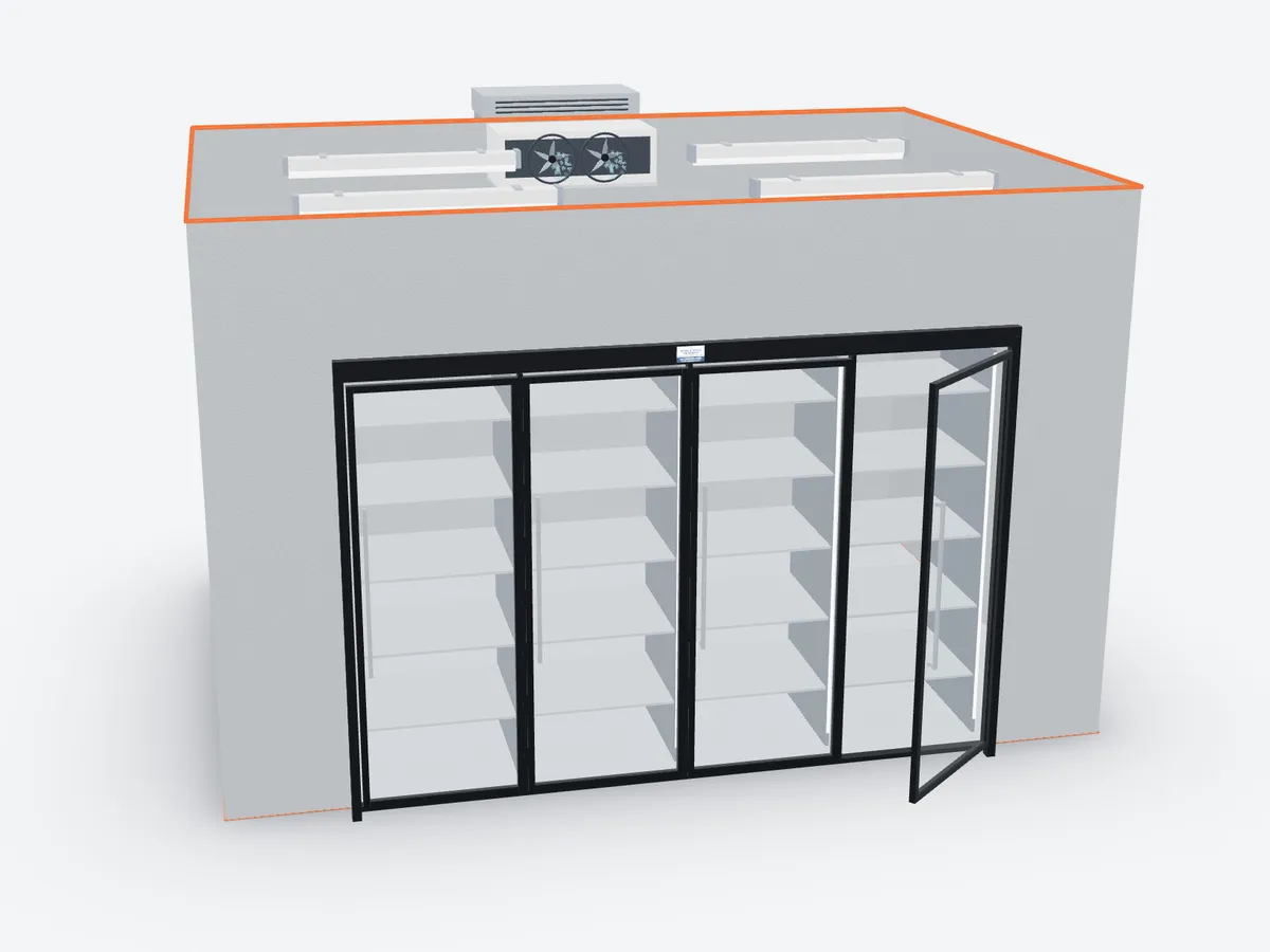 3D model of a walk-in cooler fronted with a run of four glass display doors, shelving behind the glass, one door open