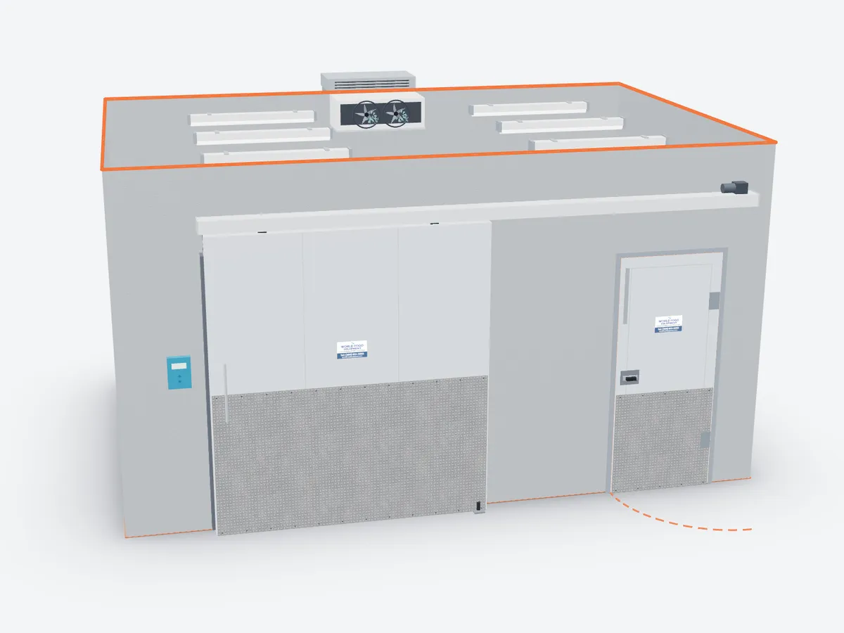 3D model of a walk-in cooler with a wide automatic sliding door and a personnel-size swing man door beside it