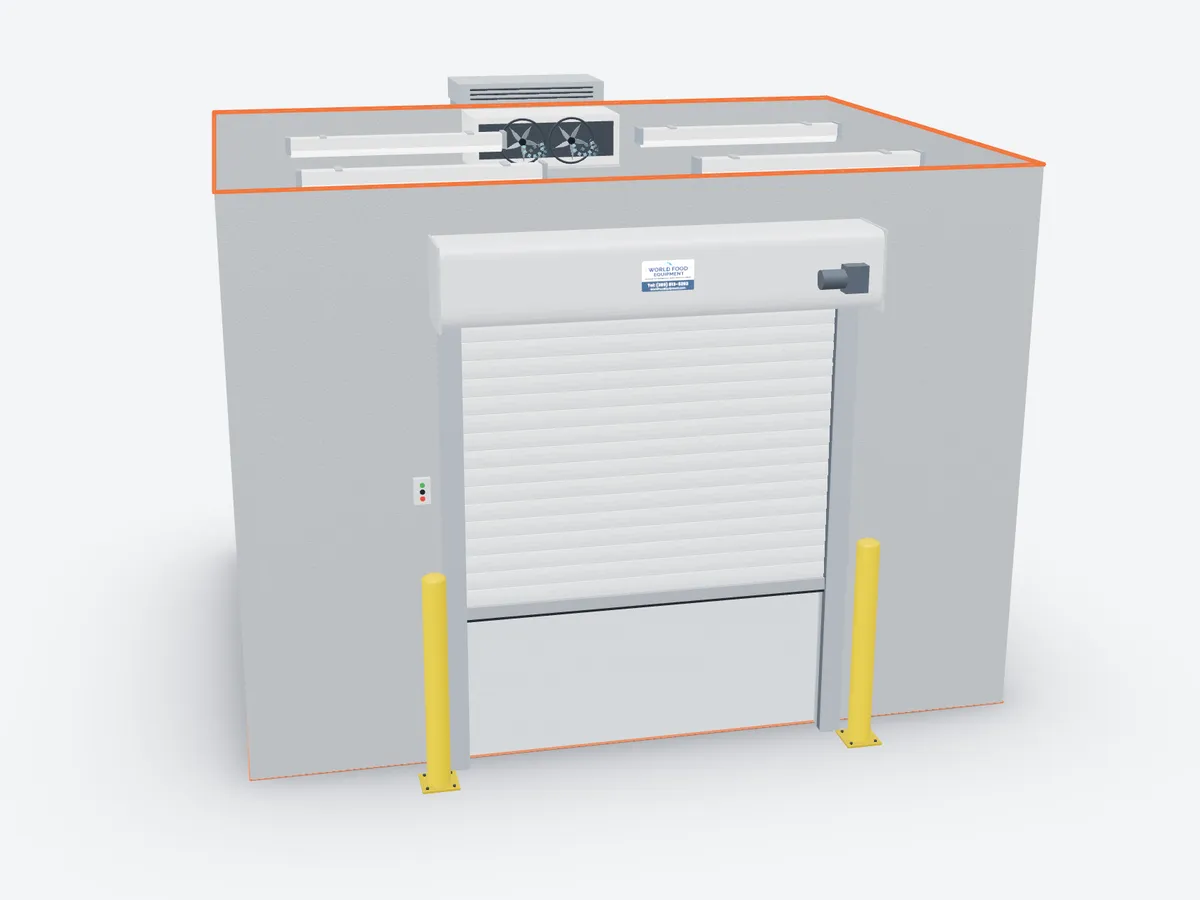 3D model of a walk-in cooler with an insulated roll-up door, coil hood above the opening and yellow bollards