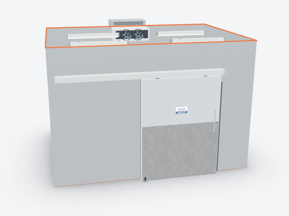 3D model of a walk-in cooler with a manual insulated sliding door hung from a top track, diamond-plate kickplate