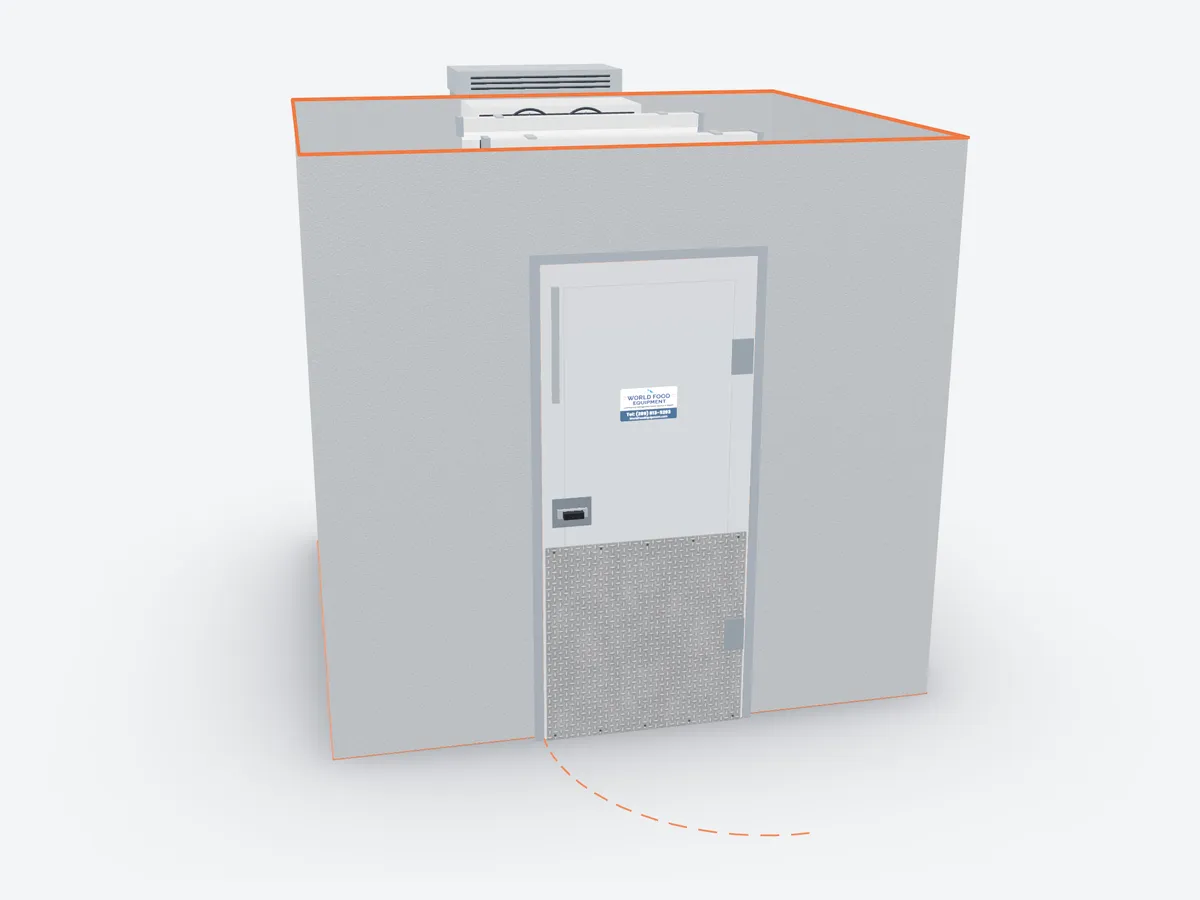 3D model of a walk-in cooler with an insulated swing door, Kason hinges and latch, and a diamond-plate kickplate