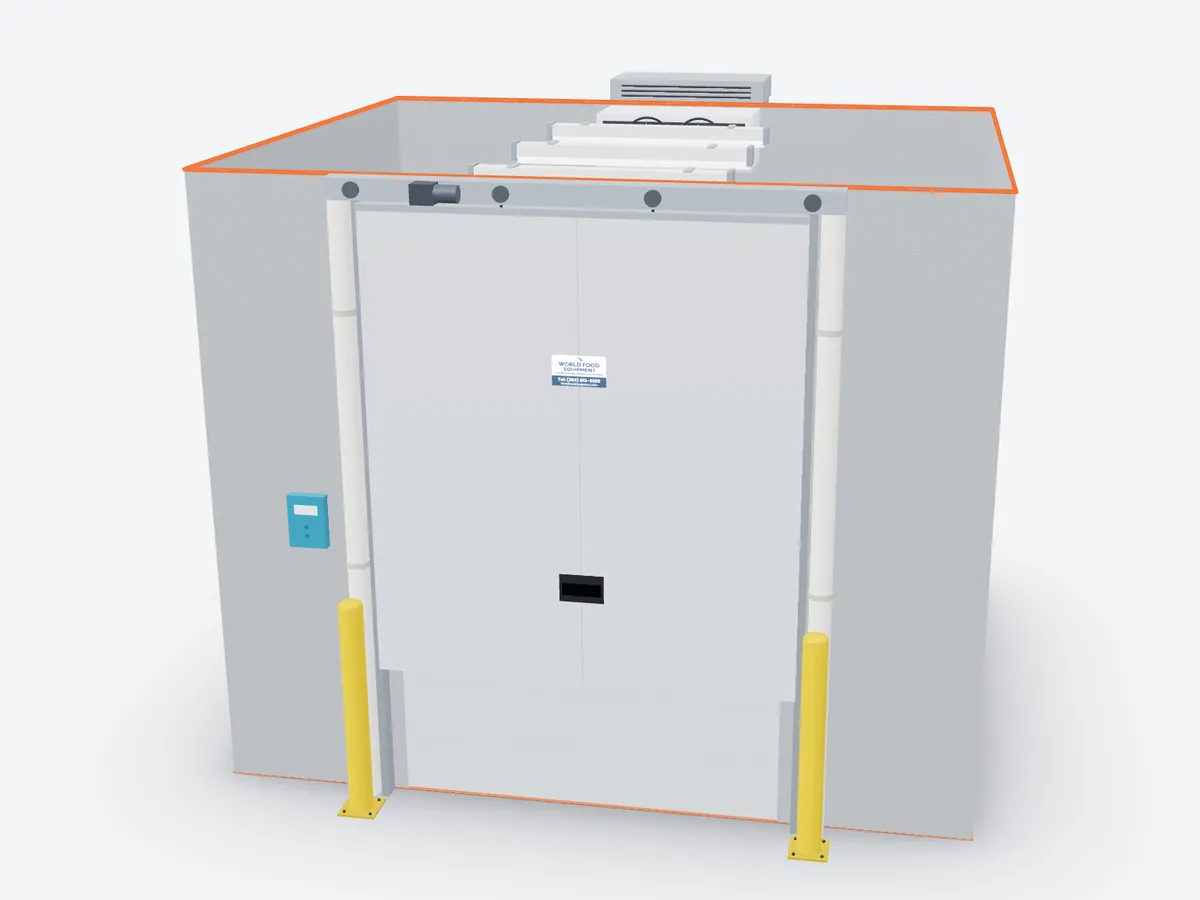 3D model of a walk-in cooler with a powered vertical lift door raised between two guide tracks under the roof, with counterweight tubes, a control box and bollards
