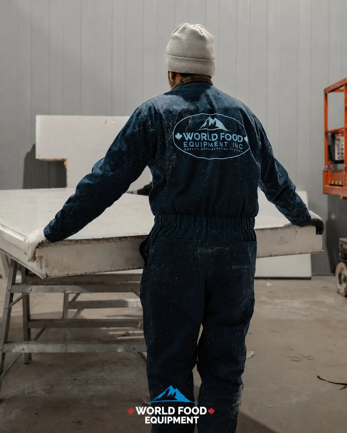 World Food Equipment installer viewed from behind in dark navy heritage WFE coveralls with the oval mountain logo centered on the back, wearing a tan beanie and work gloves, positioning stacked white insulated cold-storage panels at a sawhorse work table, an orange scissor lift at the right edge of the frame, polished concrete floor, Ontario commercial walk-in installation by World Food Equipment
