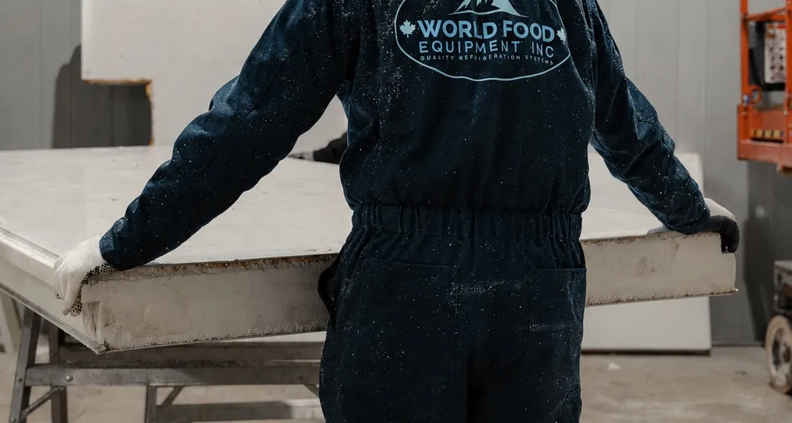 World Food Equipment Inc installer viewed from behind in dark navy heritage WFE coveralls with the vintage oval mountain logo and Quality Refrigeration Systems wordmark on the back, tan beanie, work gloves, standing at a sawhorse work table positioning stacked white insulated cold-storage panels, scissor lift visible right, polished concrete floor, Ontario commercial walk-in installation