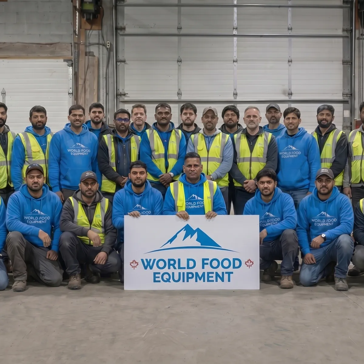 The World Food Equipment installation team in branded hoodies and high-visibility safety vests, gathered in the WFE fabrication facility with a World Food Equipment sign