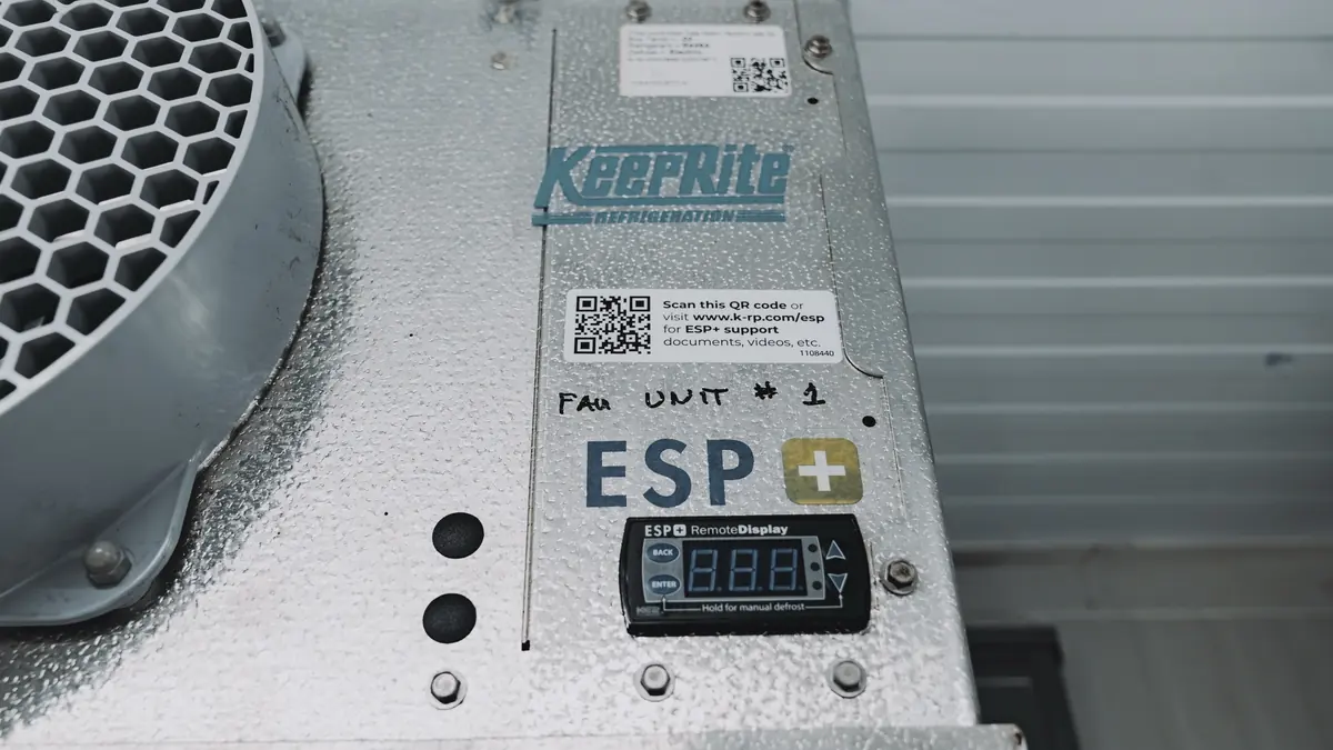 KeepRite evaporator with a digital controller display on a walk-in cooler installed by World Food Equipment in Mississauga, Ontario