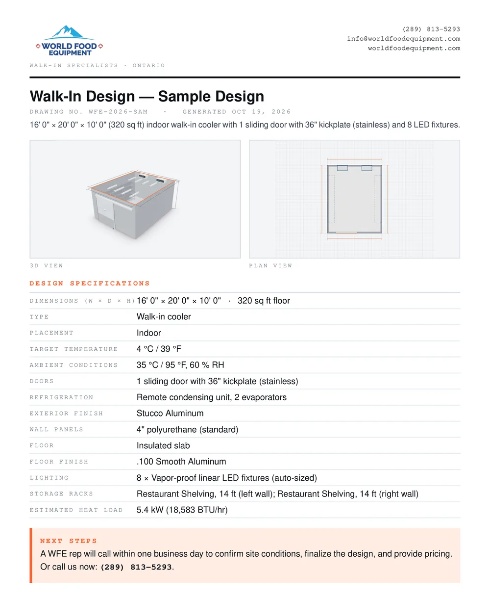 Sample WFE walk-in spec sheet PDF for a 16 by 20 by 10 ft indoor walk-in cooler with a 3D view, a plan view, the design specifications table and the next steps box