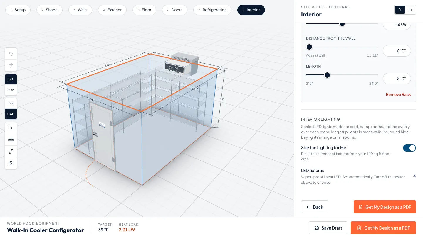 Configurator Interior step with automatic LED lighting sizing turned on, four LED fixtures and restaurant shelving on two walls of a see-through 10 by 14 ft walk-in cooler