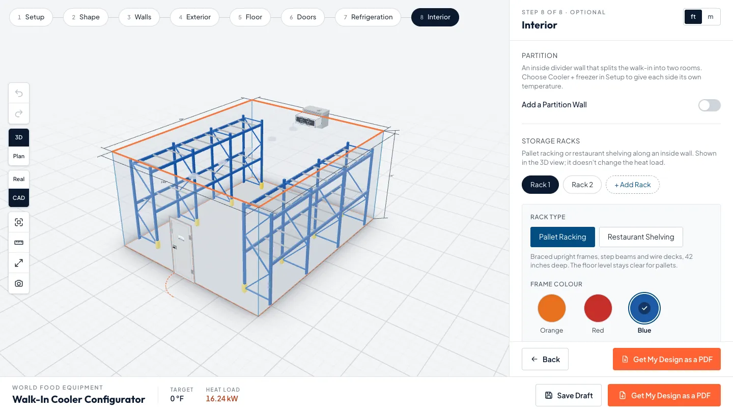 Configurator Interior step with blue pallet racking along both side walls of a see-through 20 by 24 ft walk-in freezer, 12 ft tall